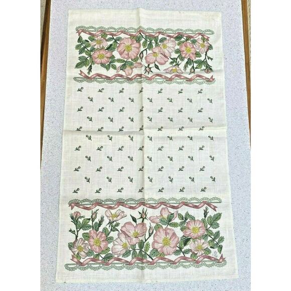 Vintage 1990's linen tea towel unsigned 26" x 16" retro floral flowers motif - Picture 1 of 4